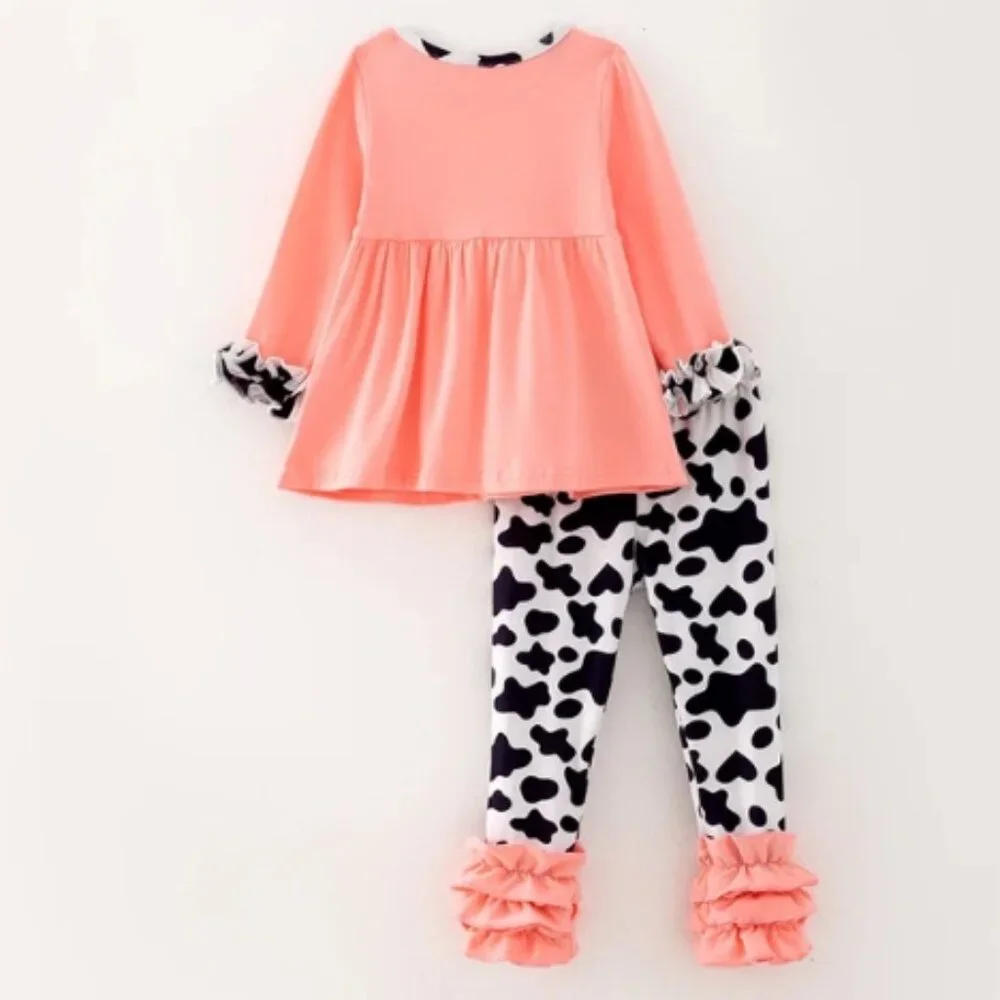 Boutique Cow Chenille Patch Tunic & Ruffle Leggings Girls Outfit Set